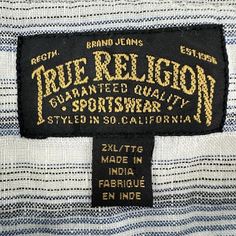 True Religion Men's Linen Cotton Shirt XXL White Blue Striped 2XL Long Sleeve‎